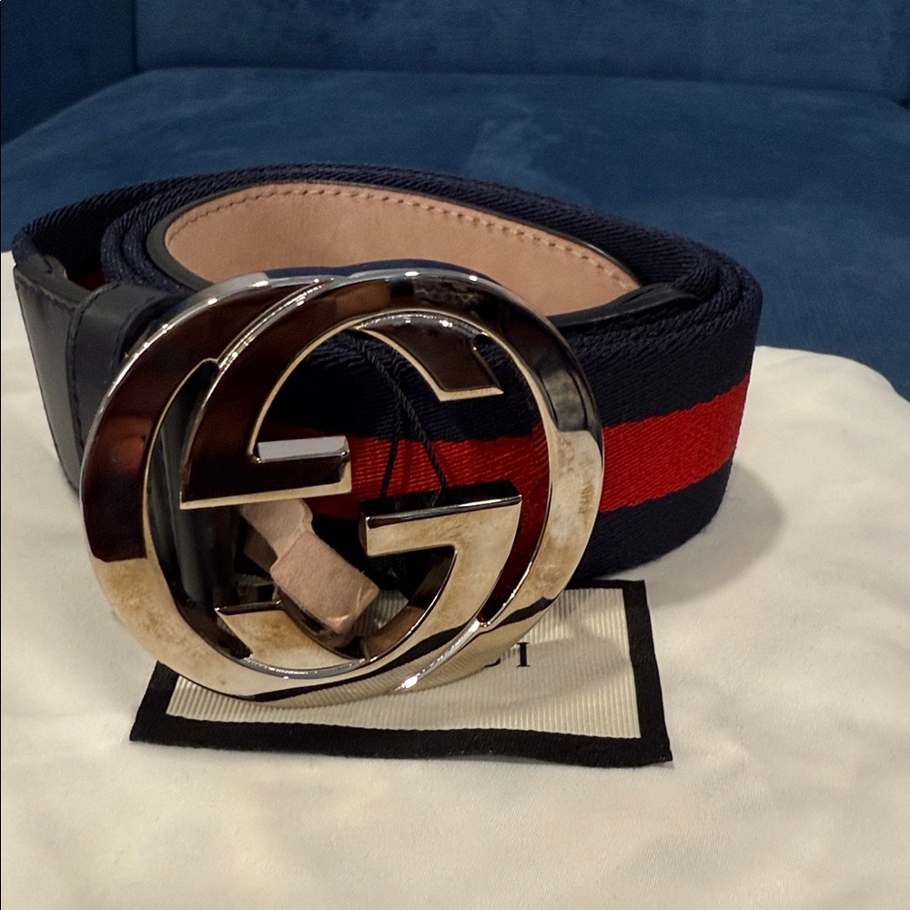 Authentic Gucci Blue and Red Belt with Metallic Buckle